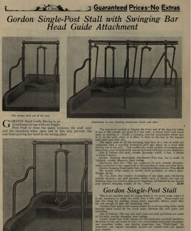 Ad for Gordon Single-Post stall with Swinging Bar Head Guide Attachment