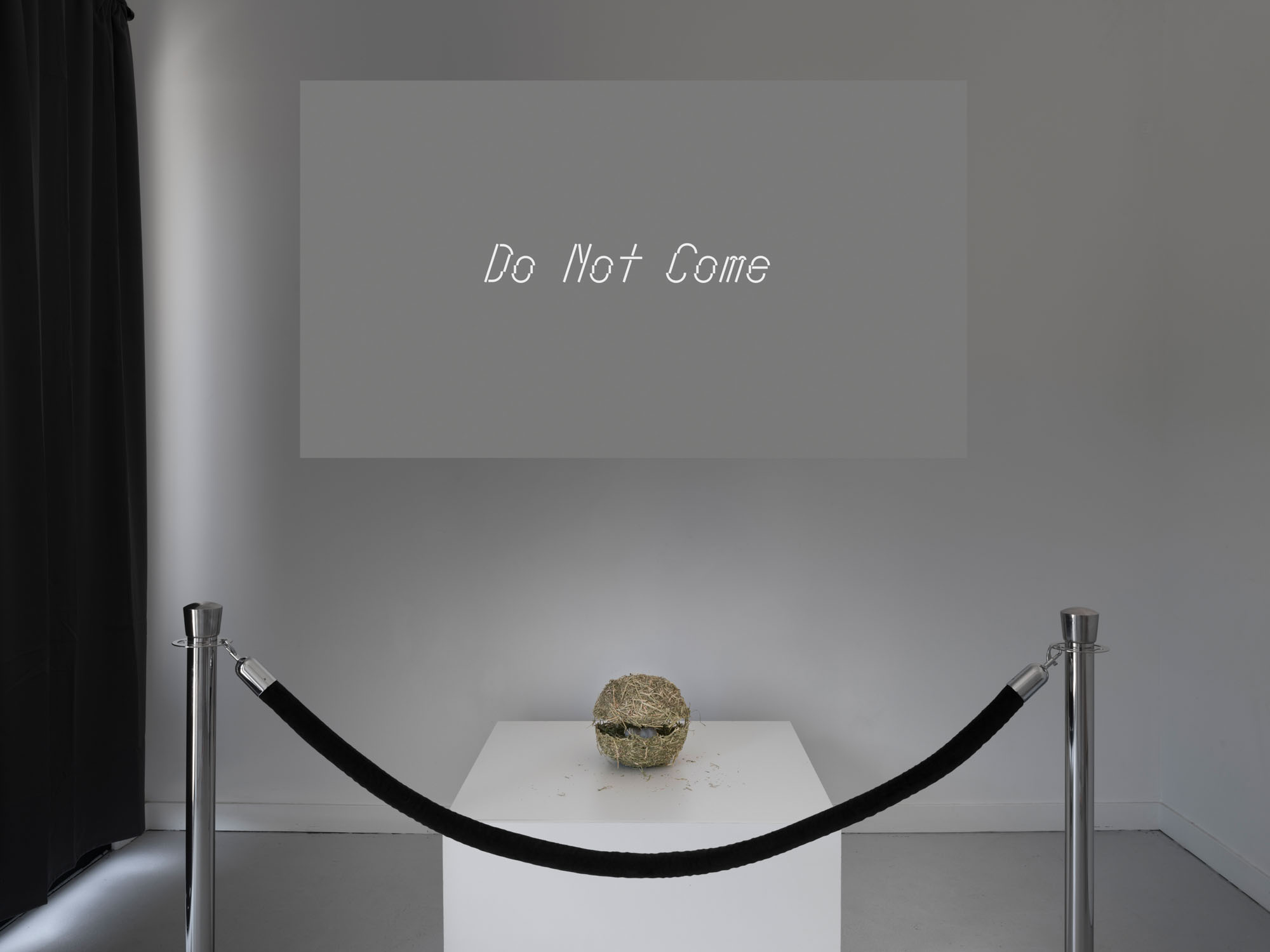Hay sphere behind a velvet rope and a video projection behind it with the word 'Do Not Come'